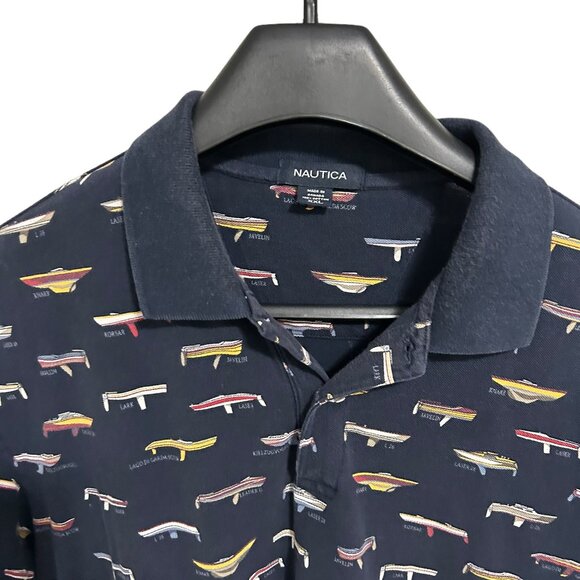Vintage Nautica Polo Shirt Mens XXL Boats All Over Print Dark Blue Boating - Picture 4 of 7